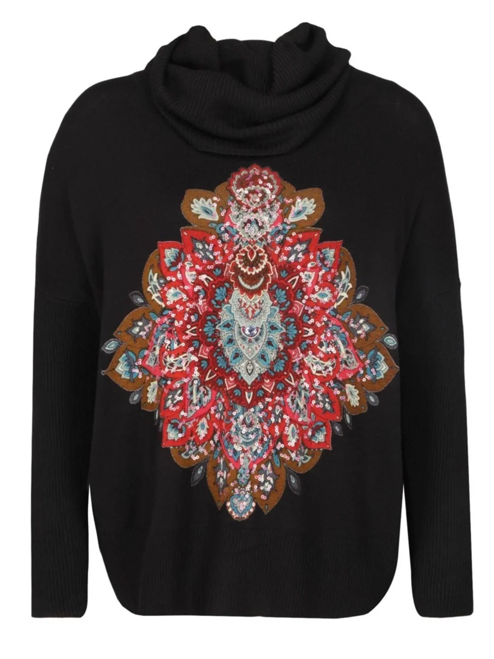 Desigual Cassandra Cowl Neck Sweater with Multicolor Sequins Medallion Print - Picture 4 of 10